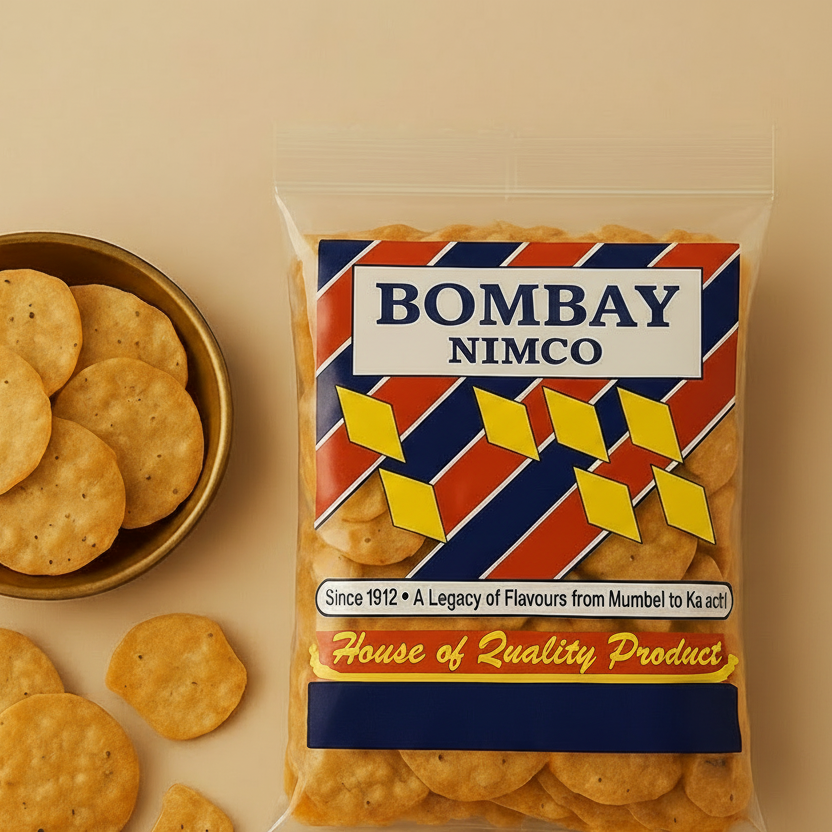 Packaged chaat papri with 'Bombay Nimco' label on a beige background