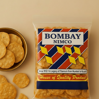 Packaged chaat papri with 'Bombay Nimco' label on a beige background