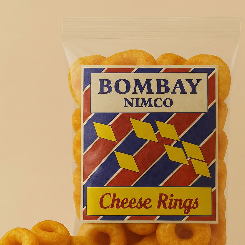 Packaged cheese rings with 'Bombay Nimco' label on a beige background