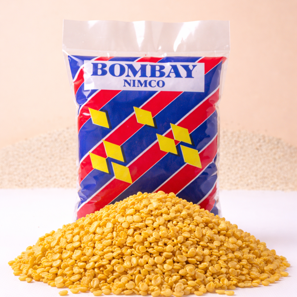 Bag of Bombay Nimco with yellow lentils on a beige background