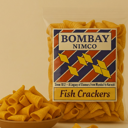 Packaged fish crackers with 'Bombay Nimco' label on a beige background