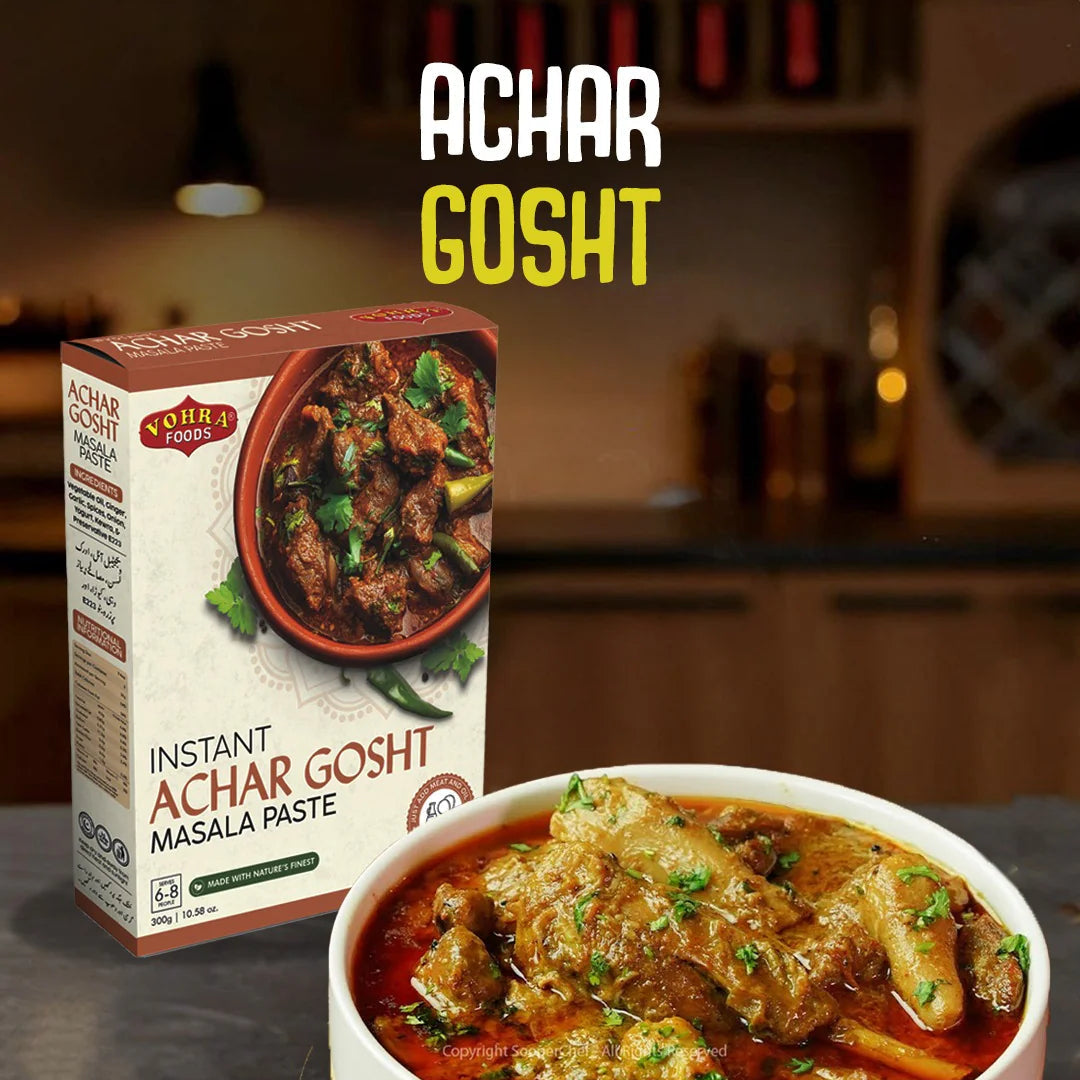 Bowl of Achar Gosht with packaging in a kitchen setting