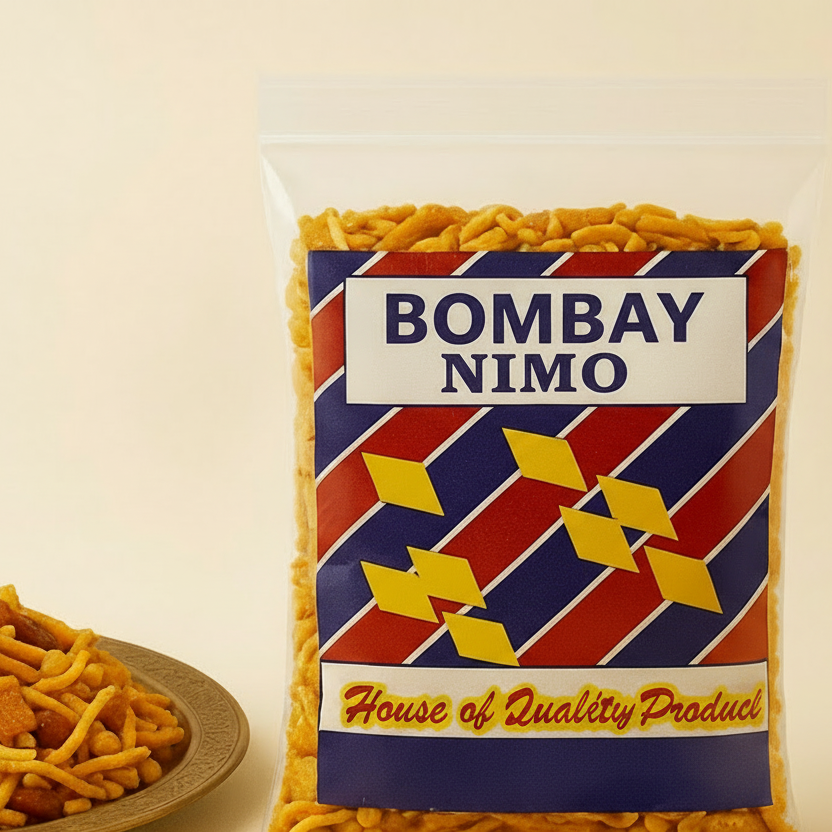 Kanpuri Mix packet with a plate of snack mix on a beige background