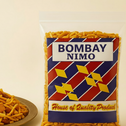 Kanpuri Mix packet with a plate of snack mix on a beige background