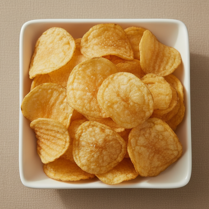 plain crinckle chips in a white square tray with beige background