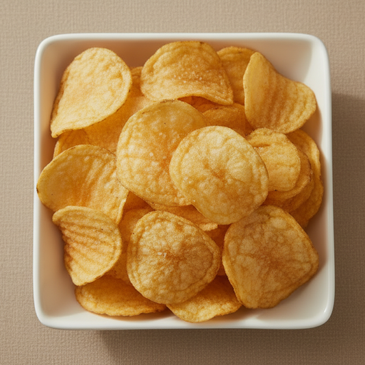plain crinckle chips in a white square tray with beige background