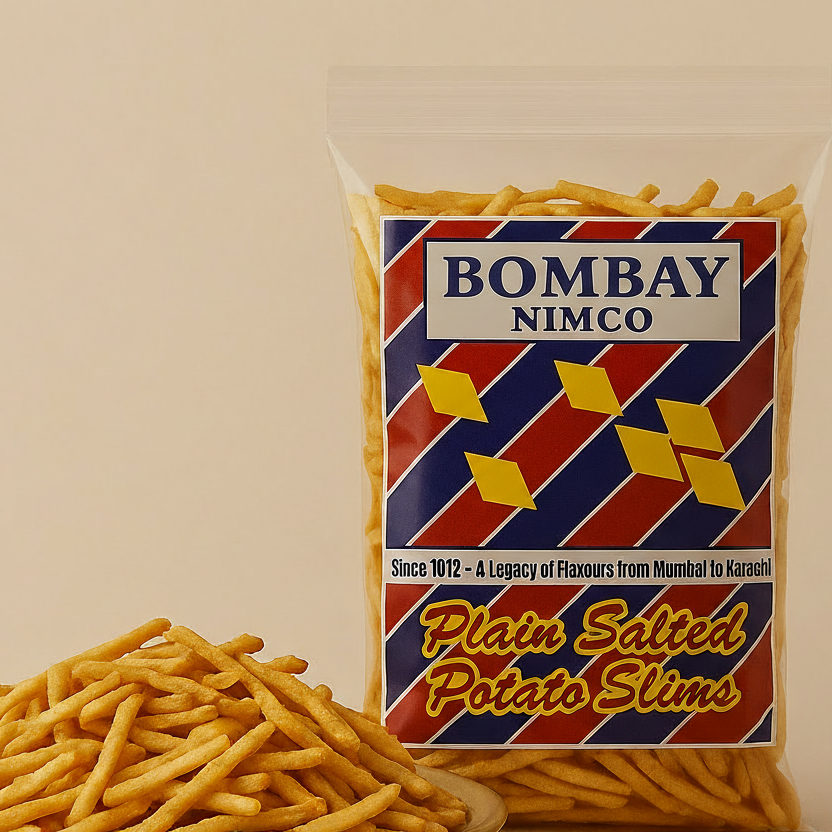 Packaged plain salted potato slims with 'Bombay Nimco' label on a beige background