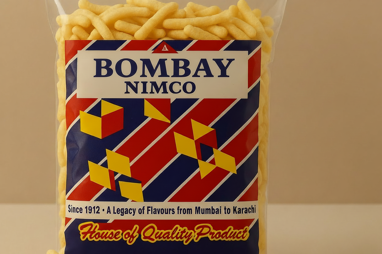Packaged food with 'Bombay Nimco' branding on a beige background