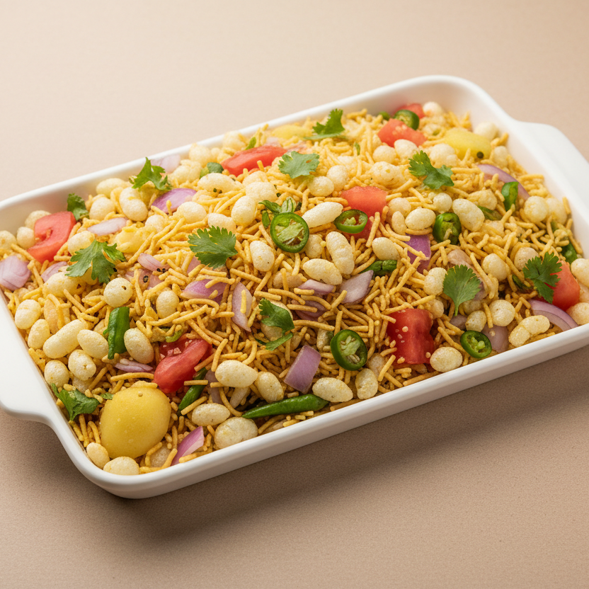 raw bhel puri in a white tray with beige background