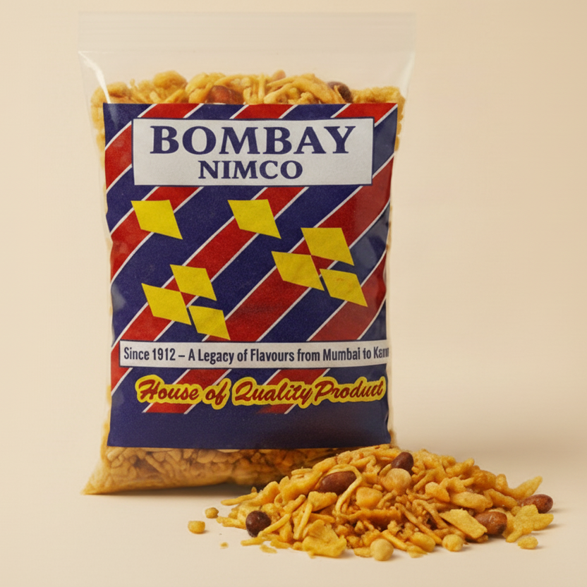 Packaged snack with 'Bombay Nimco' branding on a white background