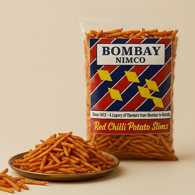 Packaged Red Chilli Potato Slims with 'Bombay Nimco' label on a beige background