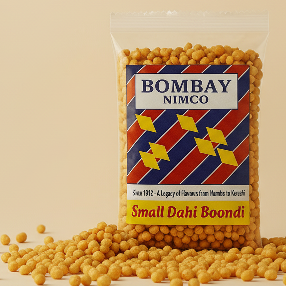 Packaged food item with 'Bombay Nimco' label on a beige background
